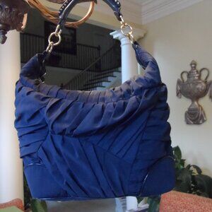Stella MCCartney Navy Blue Nylon Pleated Top Handle Large Handbag w/Leather Trim